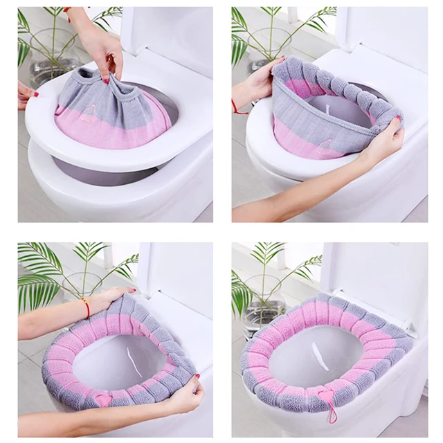 Alt view image 4 of 5 - Toilet Seat Pad Toilet Seat Covers with Handle Soft Bathroom Toilet Lid Cover Cushion Thicker Stretchable Washable Universal Size (Two-tone)