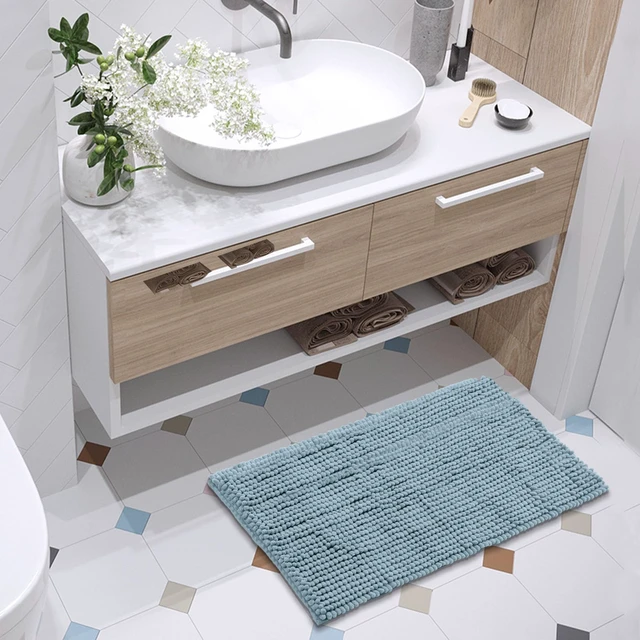 Alt view image 2 of 7 - Chenille Bathroom Rugs Mat 24"x17", Non-Slip Bath Mat for Bathroom Floor, Washable Soft Thick Water Absorbent Microfiber Shower Mat, Blue