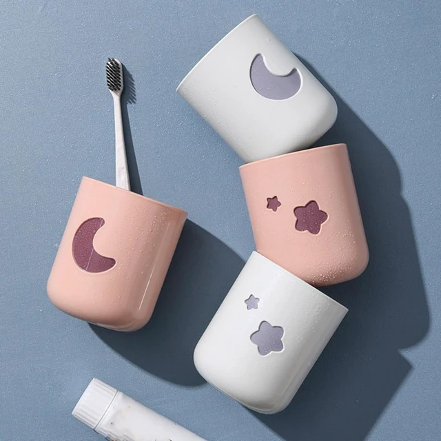 Alt view image 3 of 5 - Moon-Themed Couple Mouthwash Cup Set - Simple PP Material Toothbrush Holder and Drinking Cup, Suitable for Home and Bathroom use (2-Pack)(White & Pink)