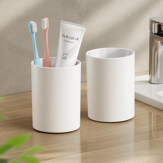 Main image of Toothbrush Cup 13.75oz 390ml with Non-Slip Pad, Easy to Clean Bathroom Cup 2Pcs, Reusable Plastic Bathroom Tumbler, White