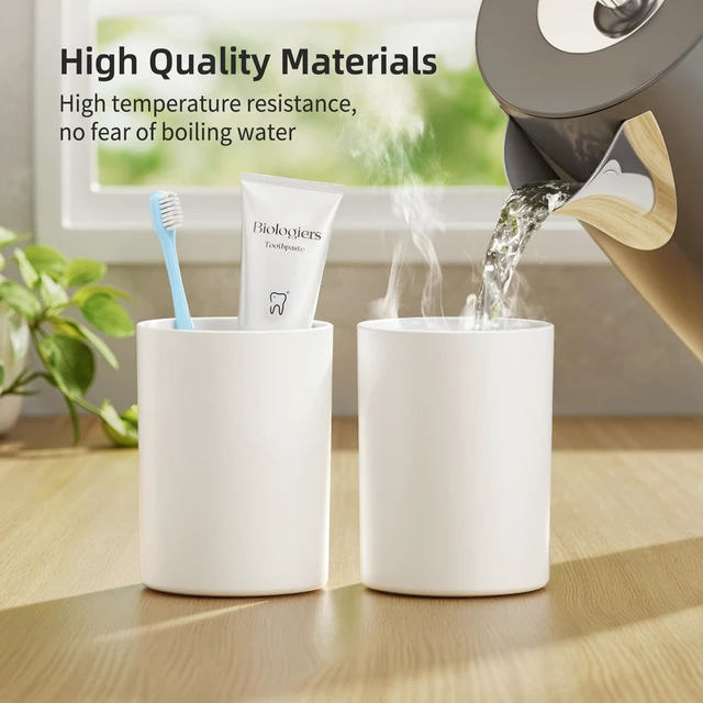 Alt view image 6 of 7 - Toothbrush Cup 13.75oz 390ml with Non-Slip Pad, Easy to Clean Bathroom Cup 2Pcs, Reusable Plastic Bathroom Tumbler, White