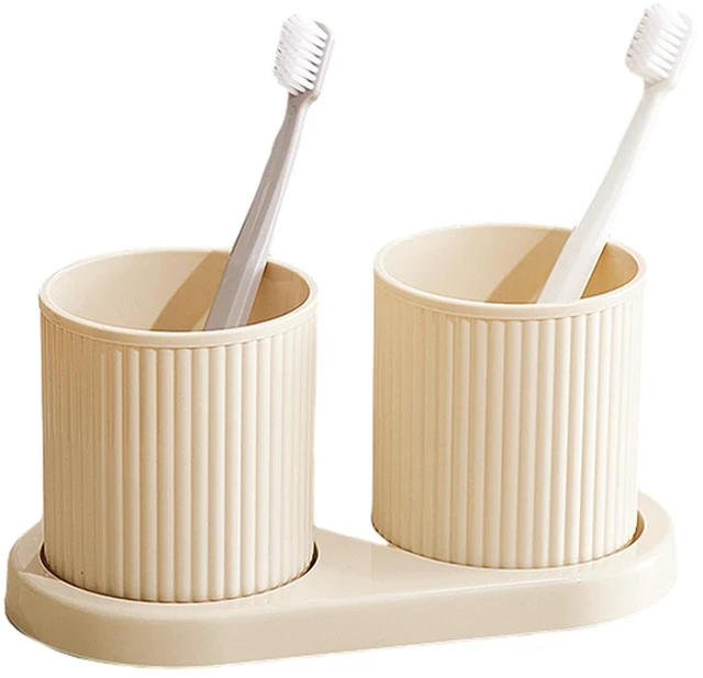 Main image of Couple Toothbrush Cup 2Pcs, with Tray Thickened Drinking Mug Reusable Toothbrush Mouthwash Cup, Plastic Bathroom Counter Organizer(Beige)