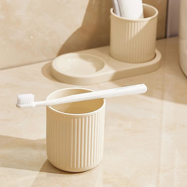 Alt view image 4 of 7 - Couple Toothbrush Cup 2Pcs, with Tray Thickened Drinking Mug Reusable Toothbrush Mouthwash Cup, Plastic Bathroom Counter Organizer(Beige)