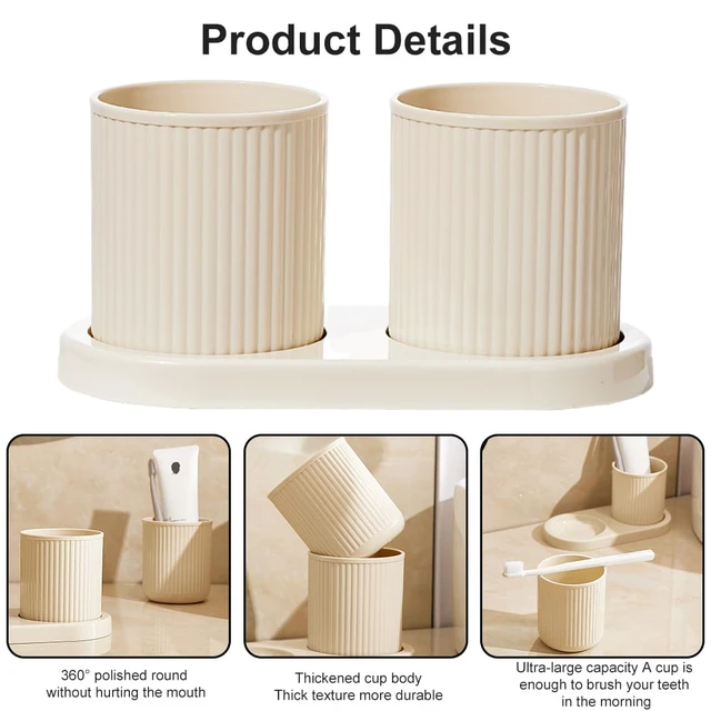 Alt view image 5 of 7 - Couple Toothbrush Cup 2Pcs, with Tray Thickened Drinking Mug Reusable Toothbrush Mouthwash Cup, Plastic Bathroom Counter Organizer(Beige)