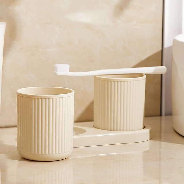 Alt view image 6 of 7 - Couple Toothbrush Cup 2Pcs, with Tray Thickened Drinking Mug Reusable Toothbrush Mouthwash Cup, Plastic Bathroom Counter Organizer(Beige)