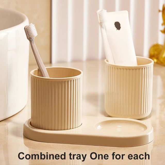 Alt view image 7 of 7 - Couple Toothbrush Cup 2Pcs, with Tray Thickened Drinking Mug Reusable Toothbrush Mouthwash Cup, Plastic Bathroom Counter Organizer(Beige)