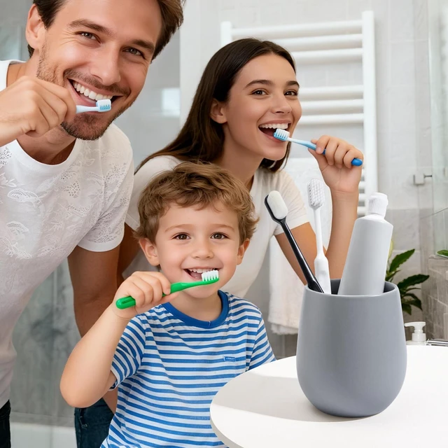 Alt view image 4 of 7 - Ceramic Toothbrush Holders for Bathroom - 1 Cups Reusable Toothbrush Cups, Tooth Brushing Holders Set, Bathroom Tumbler Cup, Toothpaste Holder, Mouthwash Cup, Bathroom Counter Organizer, Grey