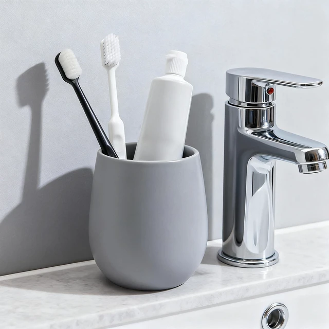 Alt view image 5 of 7 - Ceramic Toothbrush Holders for Bathroom - 1 Cups Reusable Toothbrush Cups, Tooth Brushing Holders Set, Bathroom Tumbler Cup, Toothpaste Holder, Mouthwash Cup, Bathroom Counter Organizer, Grey