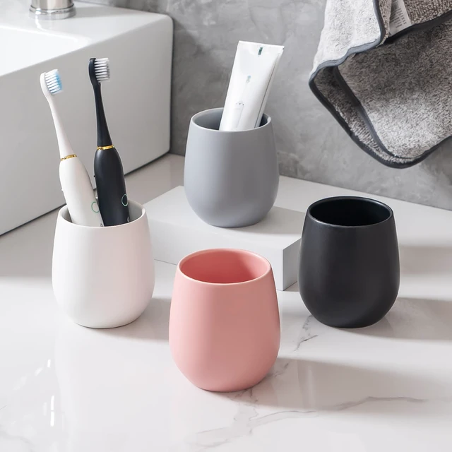 Alt view image 6 of 7 - Ceramic Toothbrush Holders for Bathroom - 1 Cups Reusable Toothbrush Cups, Tooth Brushing Holders Set, Bathroom Tumbler Cup, Toothpaste Holder, Mouthwash Cup, Bathroom Counter Organizer, Grey