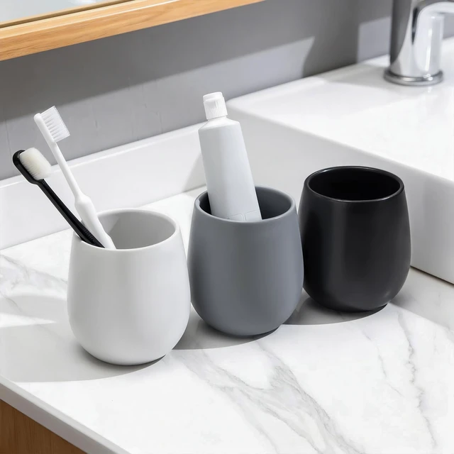 Alt view image 7 of 7 - Ceramic Toothbrush Holders for Bathroom - 1 Cups Reusable Toothbrush Cups, Tooth Brushing Holders Set, Bathroom Tumbler Cup, Toothpaste Holder, Mouthwash Cup, Bathroom Counter Organizer, Grey