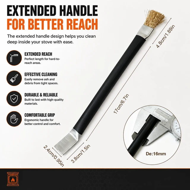 Alt view image 2 of 7 - Pellet Stove Cleaning Brush with Scraper, Heavy Duty Steel Wire Brush | Fireplace Maintenance Tool for Wood & Gas Stoves, Burners and Chimneys, Extended Metal Long Handle for Removing residues