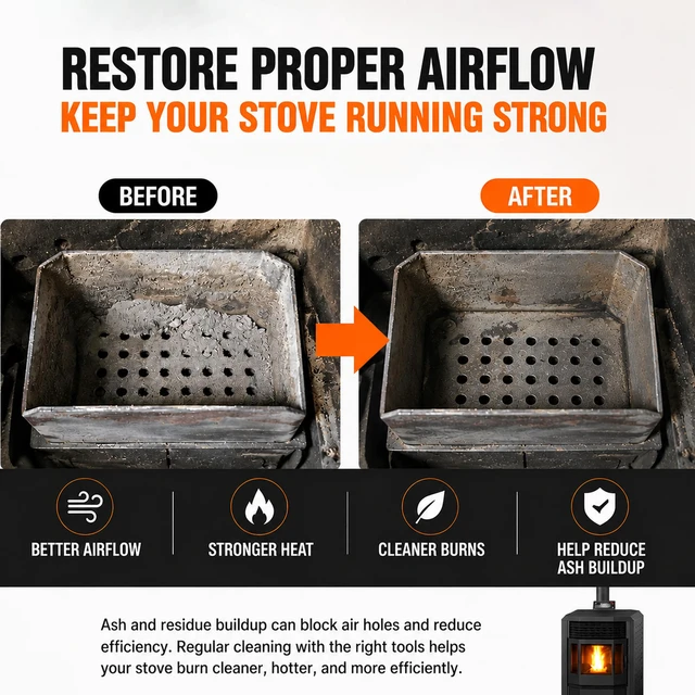 Alt view image 4 of 7 - Pellet Stove Cleaning Brush with Scraper, Heavy Duty Steel Wire Brush | Fireplace Maintenance Tool for Wood & Gas Stoves, Burners and Chimneys, Extended Metal Long Handle for Removing residues