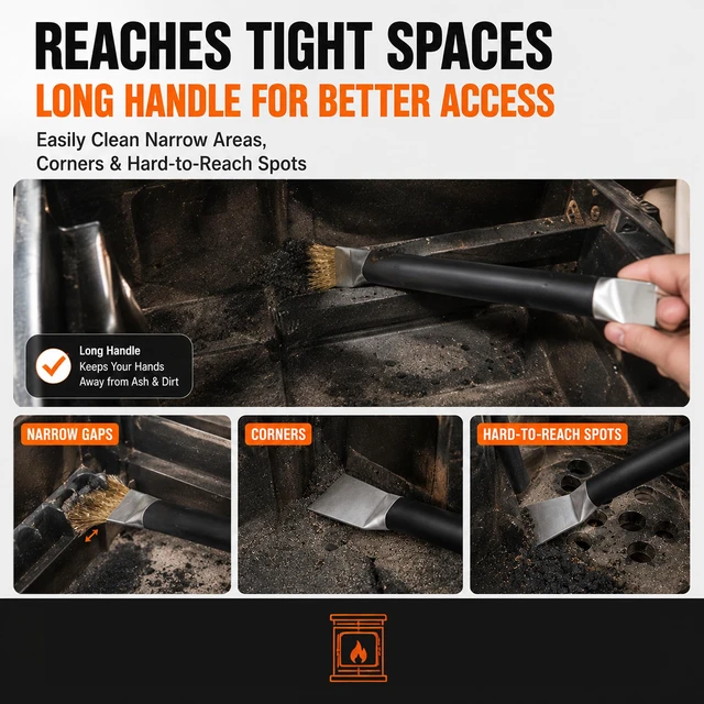 Alt view image 5 of 7 - Pellet Stove Cleaning Brush with Scraper, Heavy Duty Steel Wire Brush | Fireplace Maintenance Tool for Wood & Gas Stoves, Burners and Chimneys, Extended Metal Long Handle for Removing residues