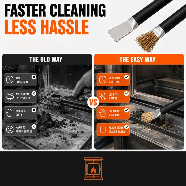 Alt view image 7 of 7 - Pellet Stove Cleaning Brush with Scraper, Heavy Duty Steel Wire Brush | Fireplace Maintenance Tool for Wood & Gas Stoves, Burners and Chimneys, Extended Metal Long Handle for Removing residues