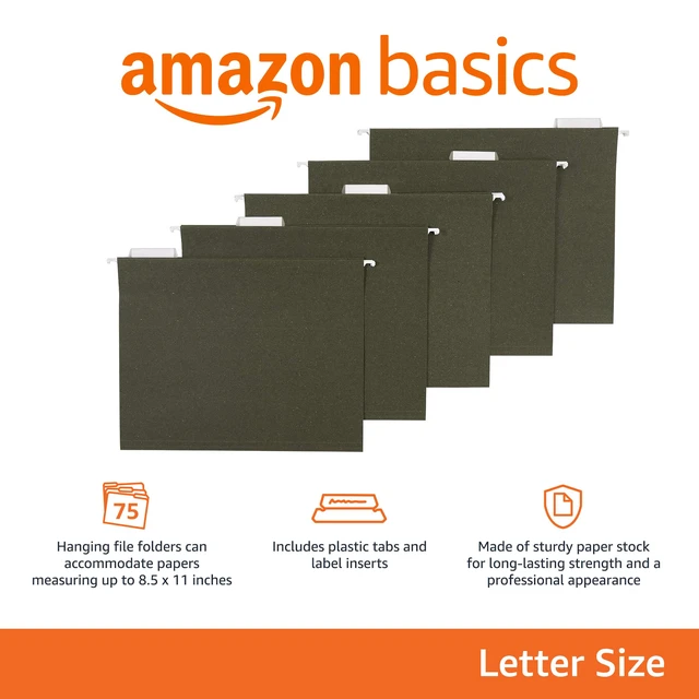 Alt view image 2 of 5 - Hanging File Folders for Documents, Letter Size, 1/5-Cut Adjustable Tabs, Standard Green, 75 Count per Box