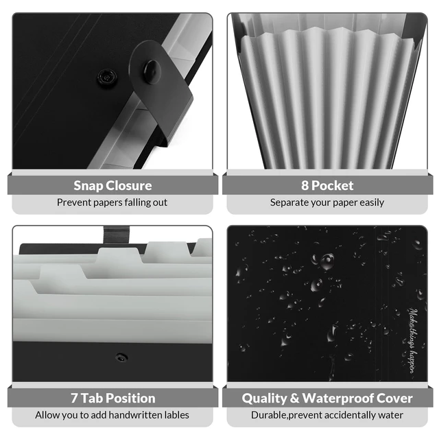 Alt view image 3 of 7 - 8 Pockets Expanding File Folders, Accordion Folders, Portable Paper Bill Receipt Organizer, Letter Size, Home College School Office Supplies, Black
