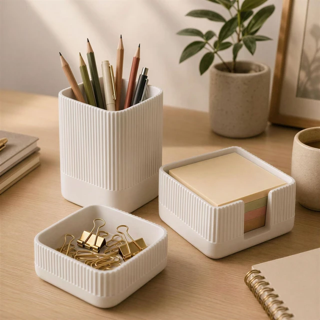 Main image of Aesthetic Desk Organizer Set of 3 - Sturdy Concrete Office Accessories | For Women or Men - Set Includes Pen Holder, Paperclip Storage and Sticky Note Holder to Enhance Any Office Decor
