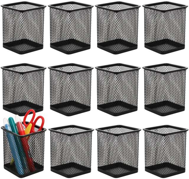 Main image of 12 Pack Mesh Pen Holder for Desk, Wire Mesh Pencil Cup Holder Metal Pencil Holder Organizer for Office Home School Supplies, Black