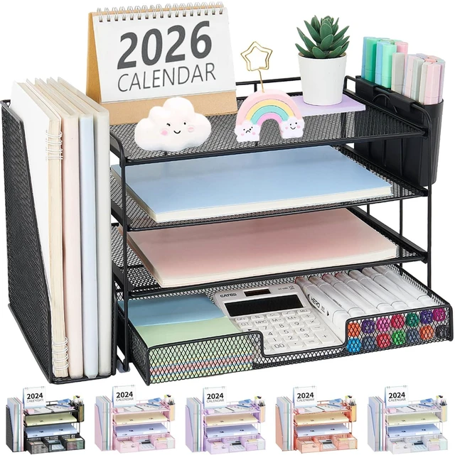 Main image of Desk Organizer, 4-Tier Desktop File Organizer with Drawer and Pen Holders, Office Desk Accessories, File Sorters, Workspace Organizers for Office Supplies(Black)