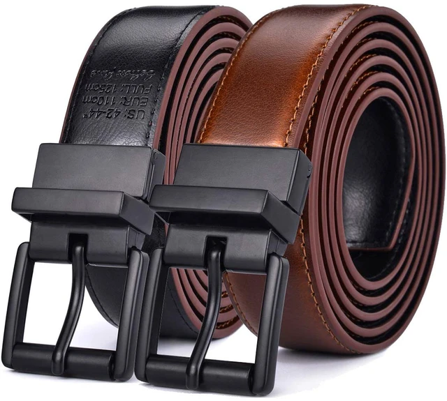 Main image of Mens Belts Dress Casual Reversible 1Piece (not 2) Leather 1.1 w Roller Buckle Rotated(Black/Brown w Black Buckle, 44-46)