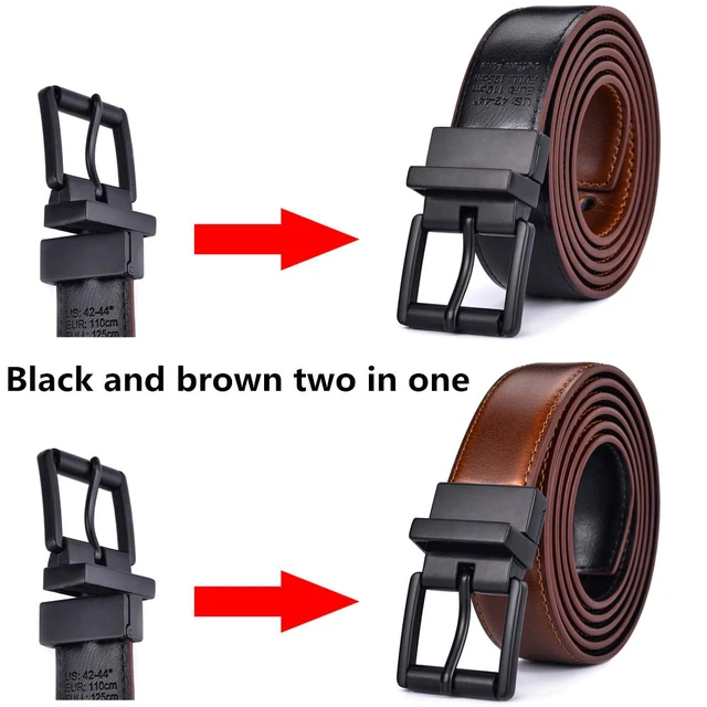 Alt view image 2 of 7 - Mens Belts Dress Casual Reversible 1Piece (not 2) Leather 1.1 w Roller Buckle Rotated(Black/Brown w Black Buckle, 44-46)