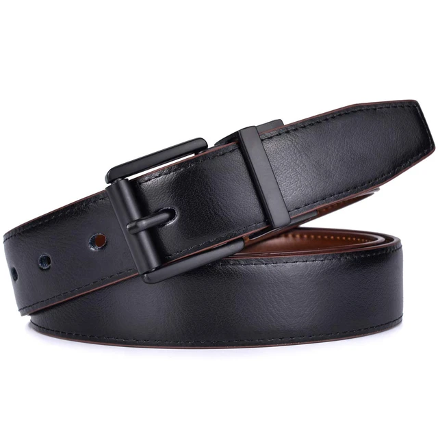 Alt view image 3 of 7 - Mens Belts Dress Casual Reversible 1Piece (not 2) Leather 1.1 w Roller Buckle Rotated(Black/Brown w Black Buckle, 44-46)