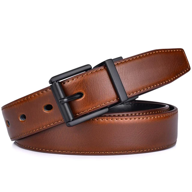 Alt view image 4 of 7 - Mens Belts Dress Casual Reversible 1Piece (not 2) Leather 1.1 w Roller Buckle Rotated(Black/Brown w Black Buckle, 44-46)