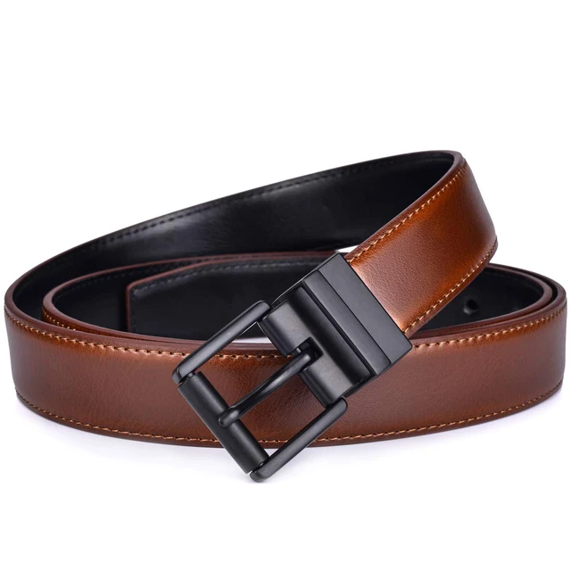 Alt view image 5 of 7 - Mens Belts Dress Casual Reversible 1Piece (not 2) Leather 1.1 w Roller Buckle Rotated(Black/Brown w Black Buckle, 44-46)