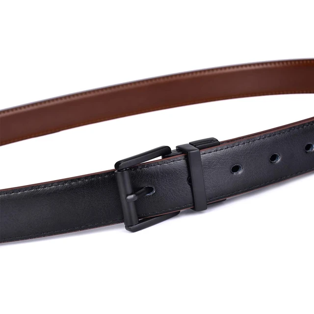 Alt view image 6 of 7 - Mens Belts Dress Casual Reversible 1Piece (not 2) Leather 1.1 w Roller Buckle Rotated(Black/Brown w Black Buckle, 44-46)