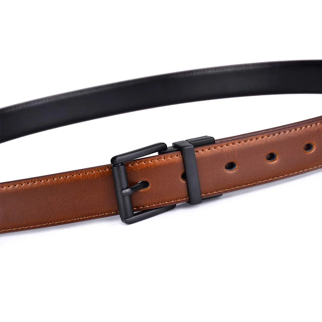 Alt view image 7 of 7 - Mens Belts Dress Casual Reversible 1Piece (not 2) Leather 1.1 w Roller Buckle Rotated(Black/Brown w Black Buckle, 44-46)
