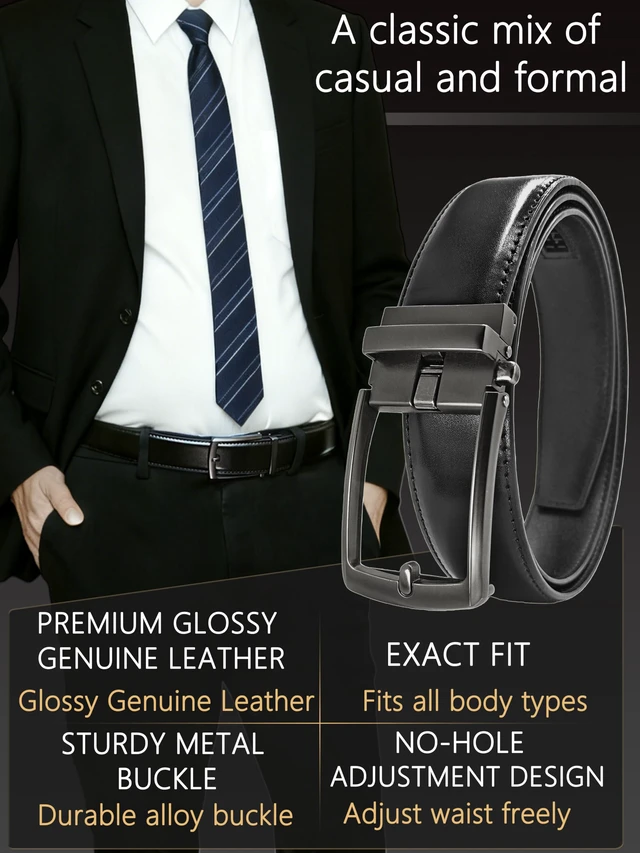 Alt view image 2 of 7 - Mens Leather Ratchet Belt Holeless Adjustable Slide Buckle | Dress Casual Belt for Office & Travel