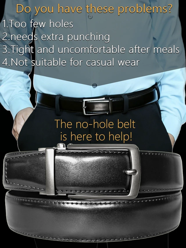 Alt view image 3 of 7 - Mens Leather Ratchet Belt Holeless Adjustable Slide Buckle | Dress Casual Belt for Office & Travel