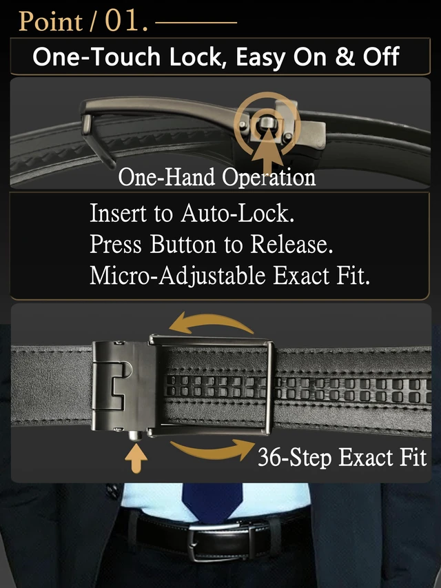 Alt view image 4 of 7 - Mens Leather Ratchet Belt Holeless Adjustable Slide Buckle | Dress Casual Belt for Office & Travel