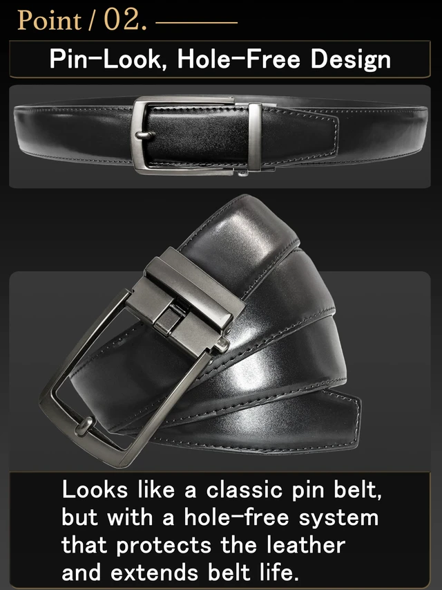 Alt view image 5 of 7 - Mens Leather Ratchet Belt Holeless Adjustable Slide Buckle | Dress Casual Belt for Office & Travel