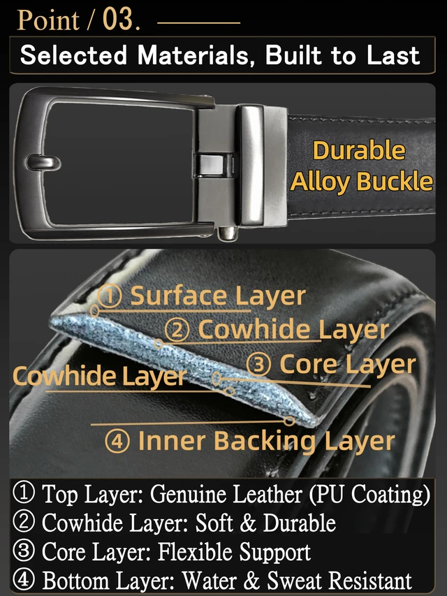 Alt view image 6 of 7 - Mens Leather Ratchet Belt Holeless Adjustable Slide Buckle | Dress Casual Belt for Office & Travel