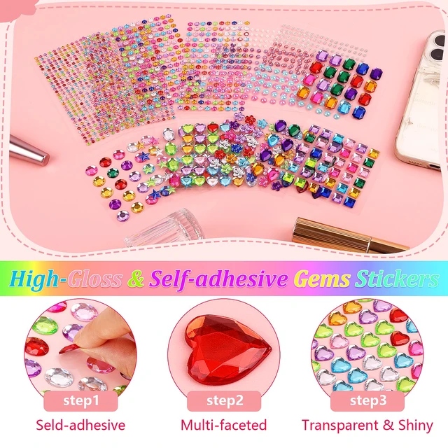 Alt view image 3 of 7 - 1782pcs Gem Stickers, Self Adhesive Rhinestones Stick on Jewel for Crafts | Bling Acrylic, Assorted Shapes, Glitter DIY Supplies for Face Nail Art Scrapbook Scrapbooking, Heart Bedazzling Kit