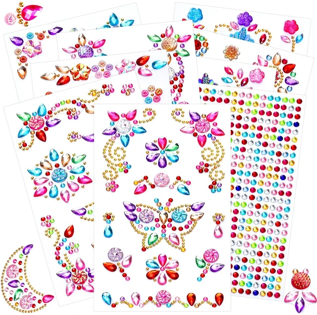 Main image of 9 Sheets Gem Stickers Jewels for Crafts, Acrylic Glitter Self Adhesive Rhinestones Jewel Stickers, for Scrapbooking, Face Eye Body Makeup, DIY Decoration Butterfly Moon Heart Gems