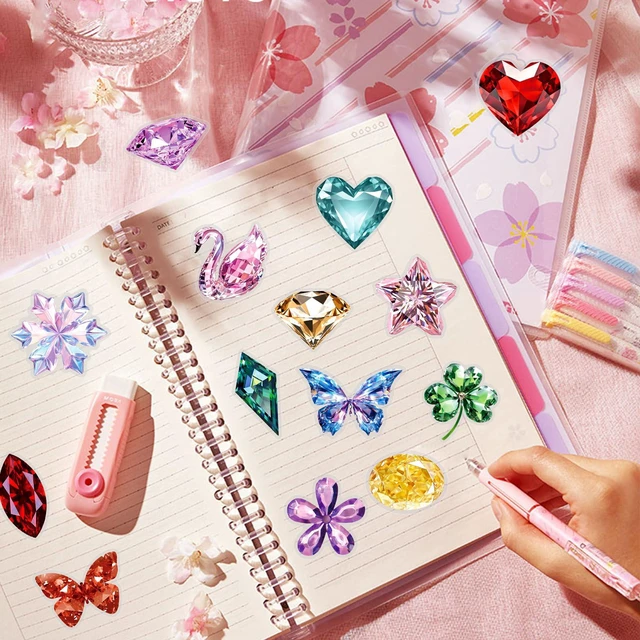 Alt view image 3 of 7 - 50Pcs Shiny Gem Diamond Crystal Stickers Aesthetic Ephemera Planner | PET scratch-proof decals, residue-free reusable craft supplies & journal accessories for tumbler laptop luggage decor
