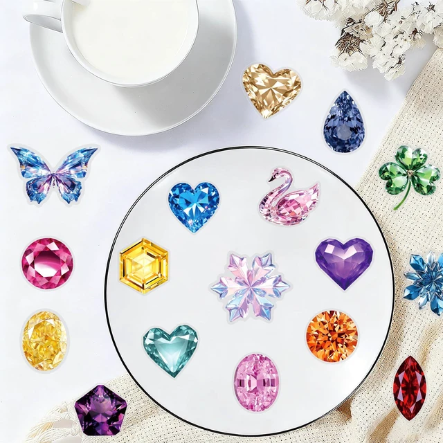 Alt view image 4 of 7 - 50Pcs Shiny Gem Diamond Crystal Stickers Aesthetic Ephemera Planner | PET scratch-proof decals, residue-free reusable craft supplies & journal accessories for tumbler laptop luggage decor