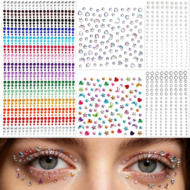Main image of 5 Sheets Face Gems Jewels Self-Adhesive Rhinestone Stickers for Women | Makeup, Hair, Eye, body ,Glitter, Y2K and Music Festivals, Rave Concert Accessories, Easy to apply,Multicolor Round Moon Star