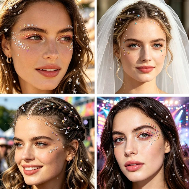 Alt view image 2 of 6 - 5 Sheets Face Gems Jewels Self-Adhesive Rhinestone Stickers for Women | Makeup, Hair, Eye, body ,Glitter, Y2K and Music Festivals, Rave Concert Accessories, Easy to apply,Multicolor Round Moon Star
