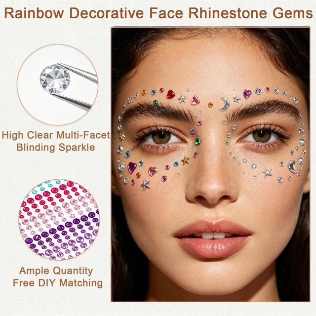 Alt view image 3 of 6 - 5 Sheets Face Gems Jewels Self-Adhesive Rhinestone Stickers for Women | Makeup, Hair, Eye, body ,Glitter, Y2K and Music Festivals, Rave Concert Accessories, Easy to apply,Multicolor Round Moon Star