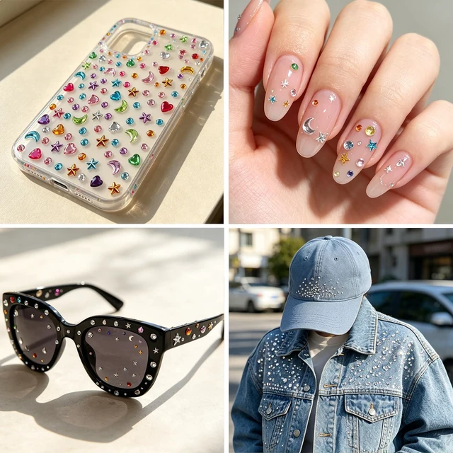 Alt view image 6 of 6 - 5 Sheets Face Gems Jewels Self-Adhesive Rhinestone Stickers for Women | Makeup, Hair, Eye, body ,Glitter, Y2K and Music Festivals, Rave Concert Accessories, Easy to apply,Multicolor Round Moon Star