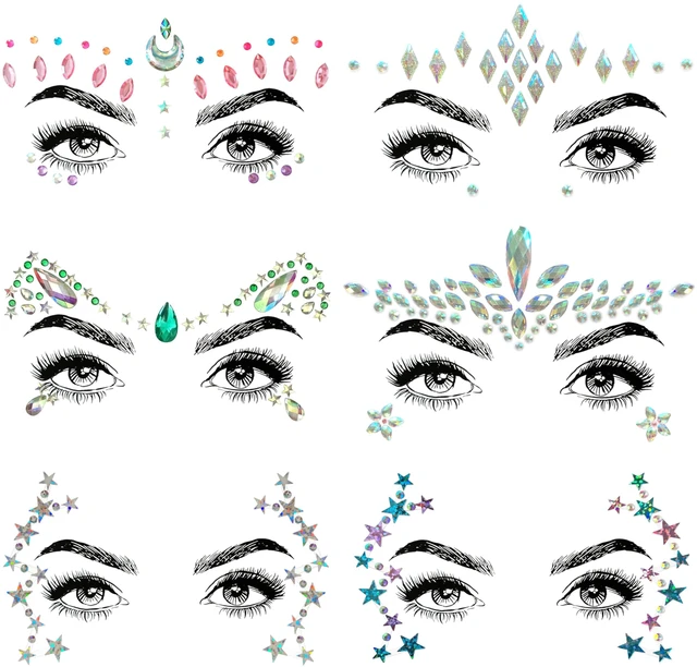 Main image of 6 Pcs Music Festival Face Jewels, Rhinestone Rave Gems Glitter, Crystal Birthday Party Face Stickers, Eyes Body Temporary Tattoos