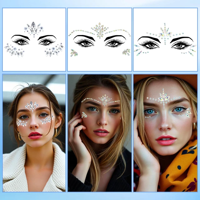Alt view image 4 of 7 - 4 Sets Face Gems for Women, Self-Adhesive Glitter Freckles Face Jewels Temporary Tattoo Eye Face Gems Stickers on Rave Festival Party Gift Mermaid Rainbow Face Gem Halloween Makeup Dress-up