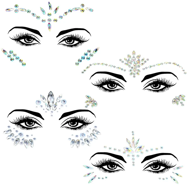 Main image of 4 Sets Face Gems for Women, Self-Adhesive Glitter Freckles Face Jewels Temporary Tattoo Eye Face Gems Stickers on Rave Festival Party Gift Mermaid Rainbow Face Gem Halloween Makeup Dress-up