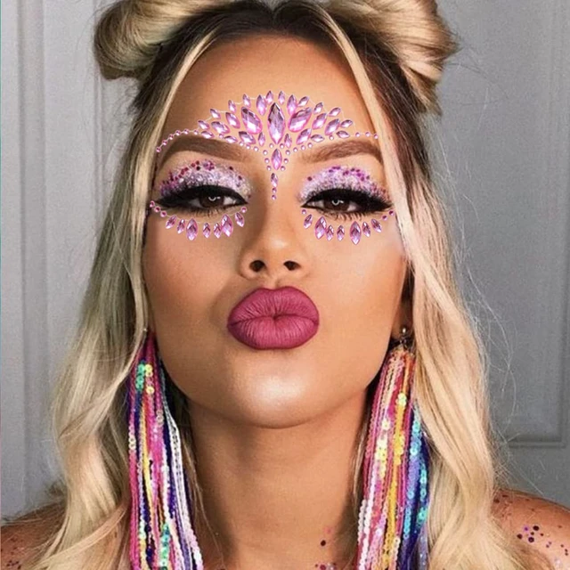 Alt view image 3 of 7 - 6 Sheets Face Jewels Face Gems Stick On, Self Adhesive Rhinestones for Makeup Rave Accessories for Festival Holiday Costumes