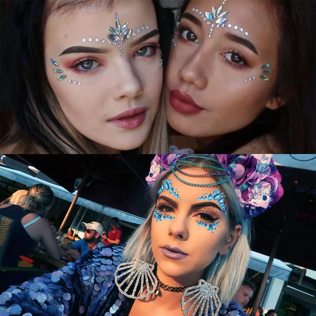Alt view image 4 of 7 - 6 Sheets Face Jewels Face Gems Stick On, Self Adhesive Rhinestones for Makeup Rave Accessories for Festival Holiday Costumes