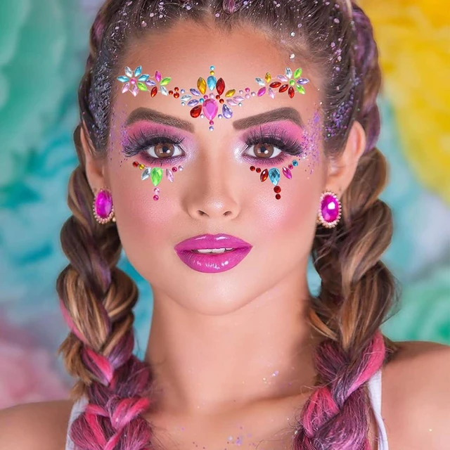 Alt view image 5 of 7 - 6 Sheets Face Jewels Face Gems Stick On, Self Adhesive Rhinestones for Makeup Rave Accessories for Festival Holiday Costumes