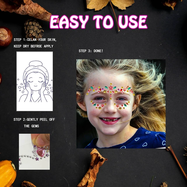 Alt view image 3 of 7 - Kids Festival Face Jewels Gems 4 Pack Sparkly Face Stickers & Crystal Temporary Tattoos Fun Rhinestone Makeup for Girls for Halloween, Birthday, Christmas & Dress-Up Play